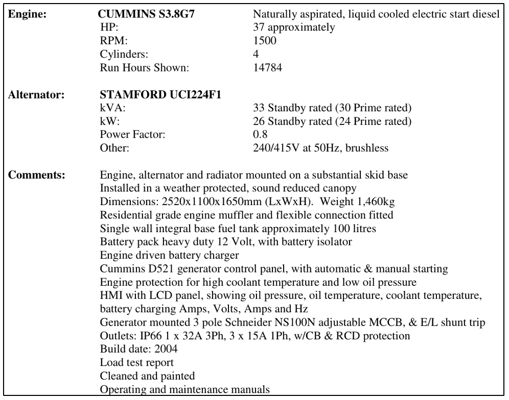 Diesel Engine Generator Equipment Parameters Diesel Engine Generator Equipment Parameters